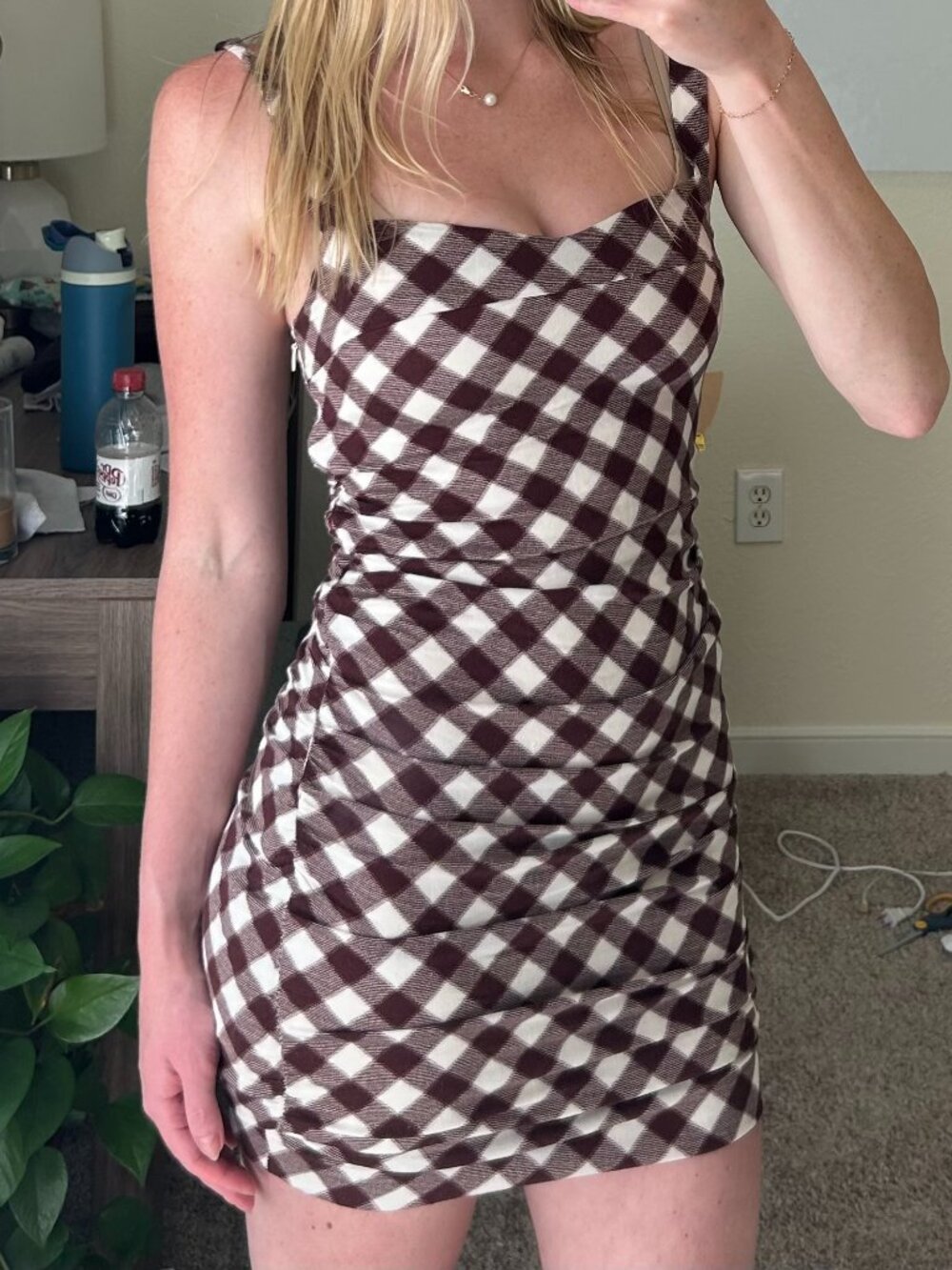 UO Claira Ruched Bodycon Mini Dress burgundy red and white checkered small